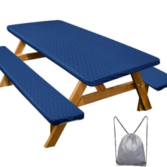 Play Tailor front view of fitted table cover protecting table and adding deep-blue style
