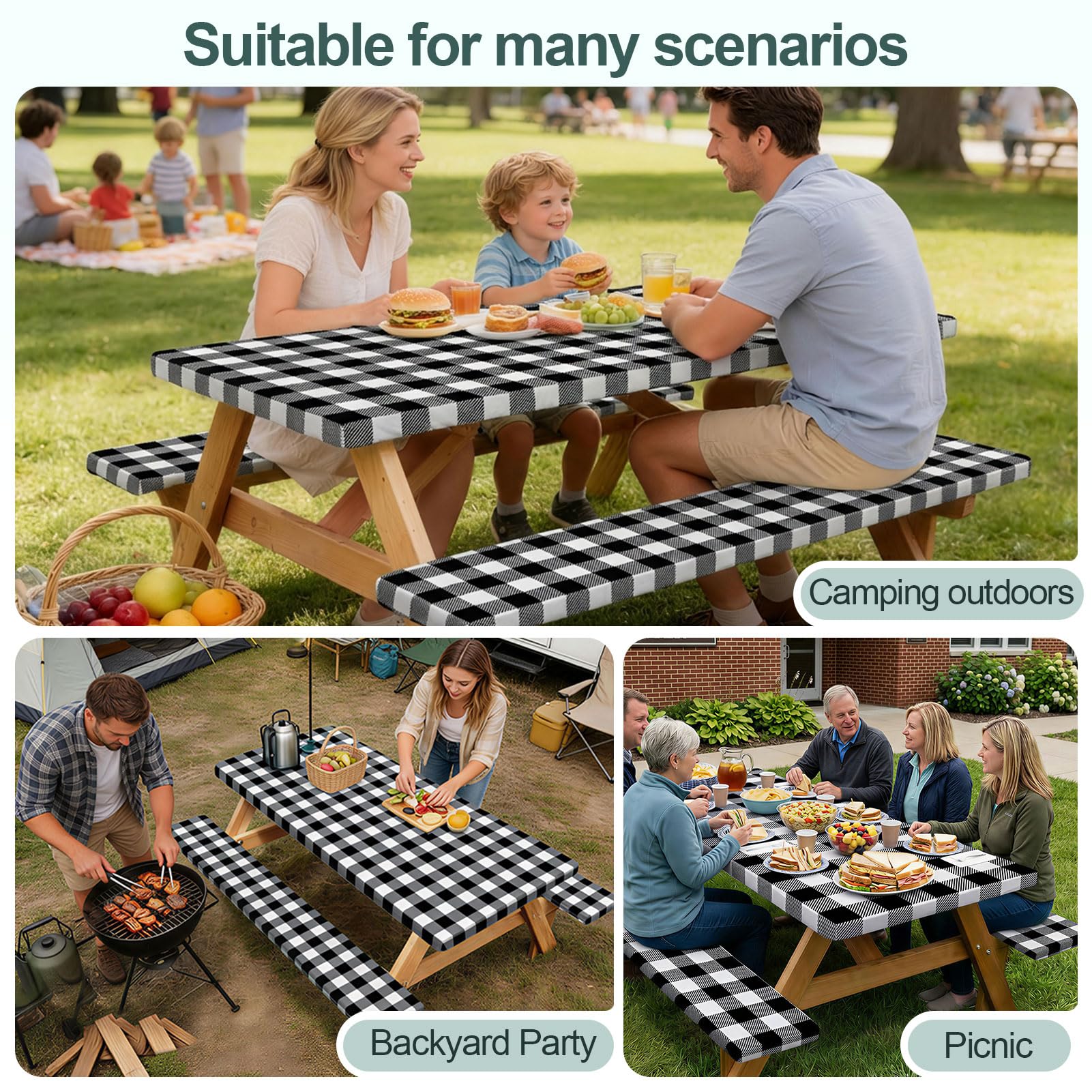 Play Tailor picnic lifestyle setup with covered table and benches showing polished outdoor presentation