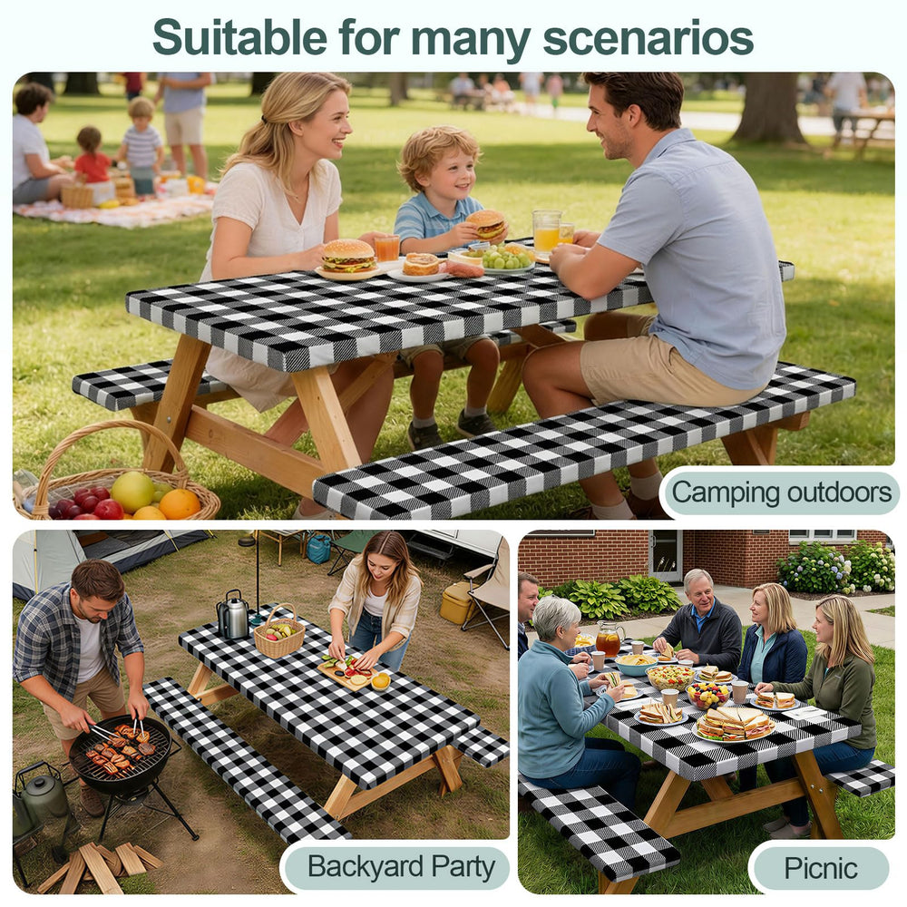 Play Tailor picnic lifestyle setup with covered table and benches showing polished outdoor presentation
