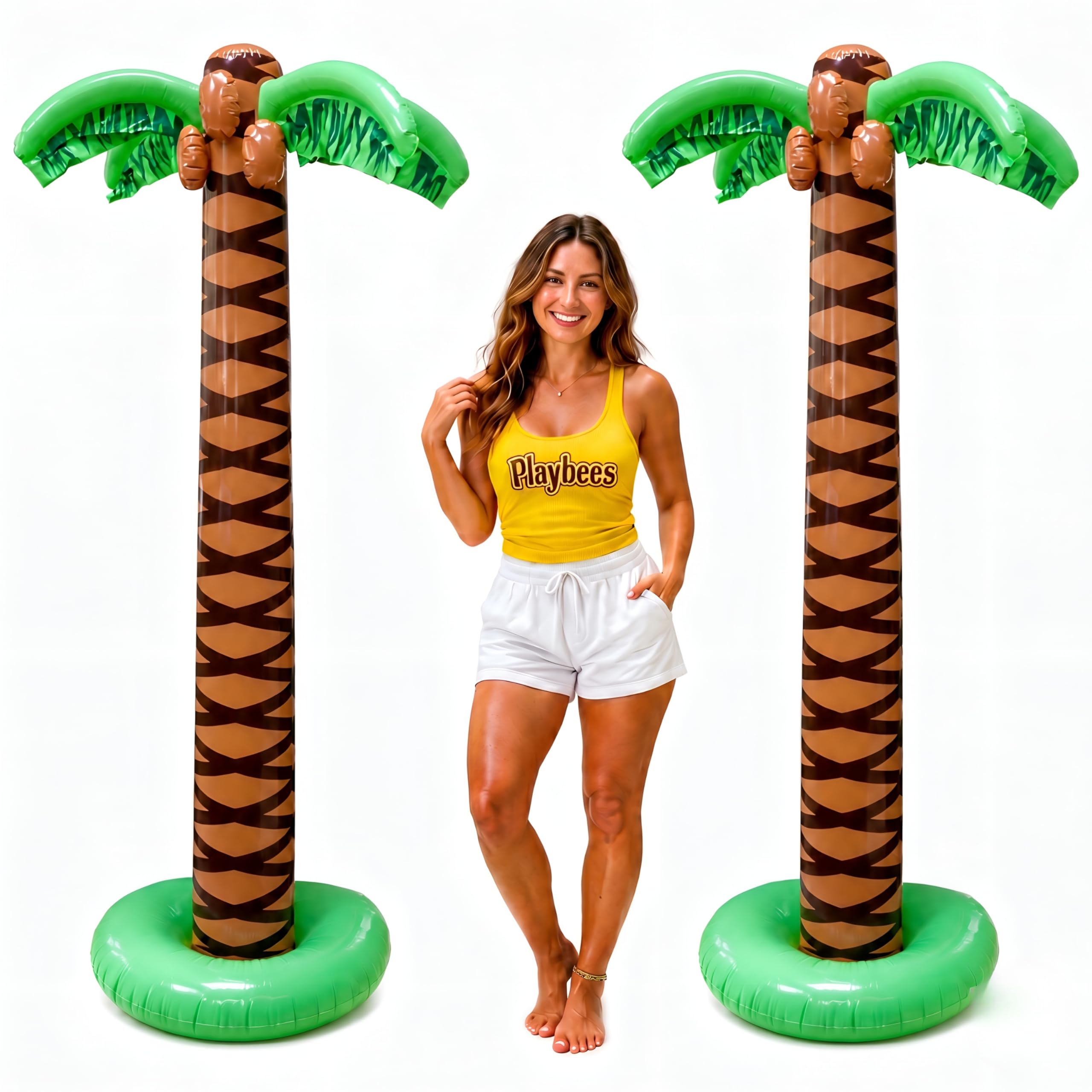 Playbees front view of 2-pack inflatable palm trees showing bold tropical decor