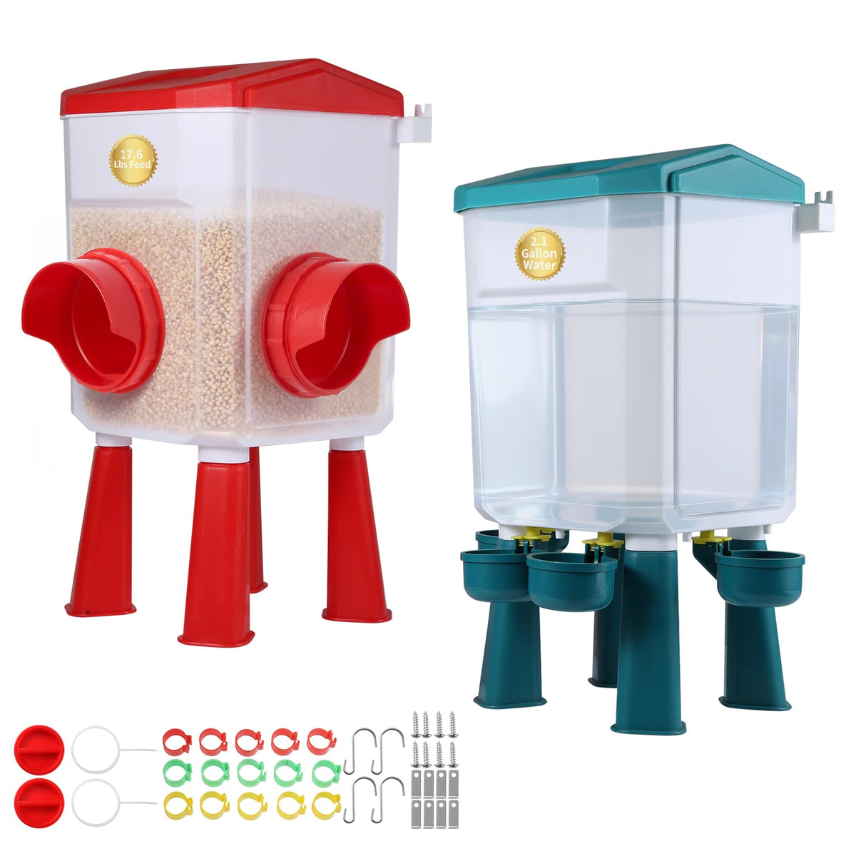 PlentiVive front view of the feeder and waterer set showing full kit and benefits