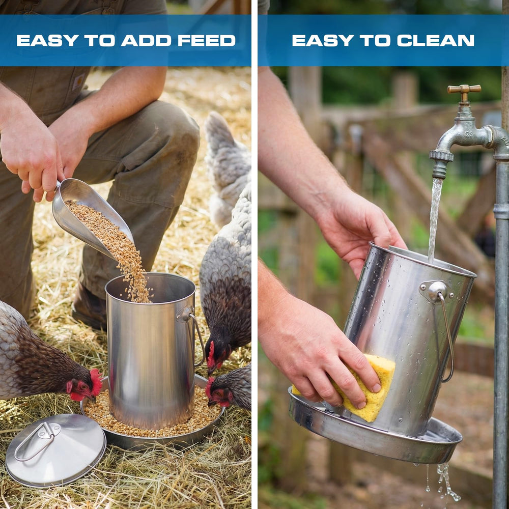 Plexon feeder hanging in a backyard coop showing pest-reduction benefit
