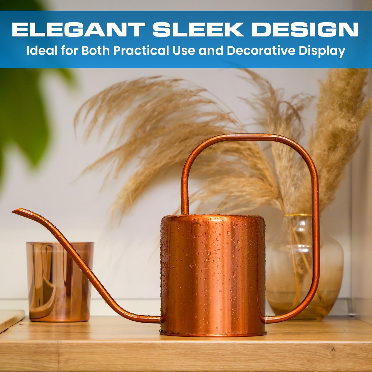 Plexon watering can in use on indoor plant demonstrating splash-free delivery