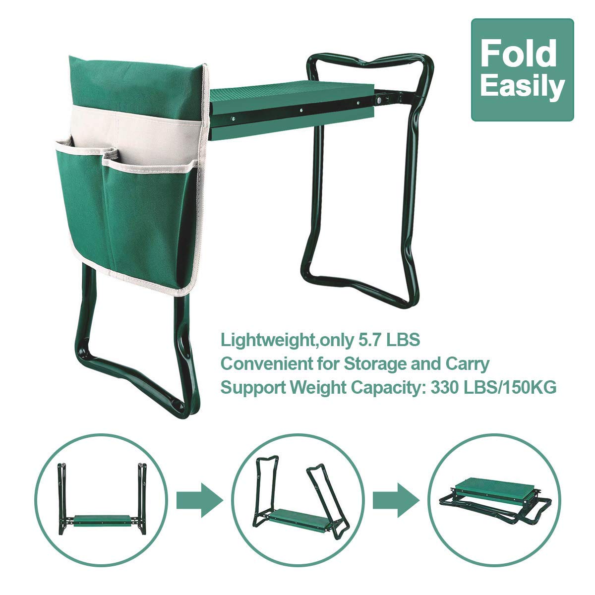 PLKO bench folded flat for compact storage and easy transport benefit