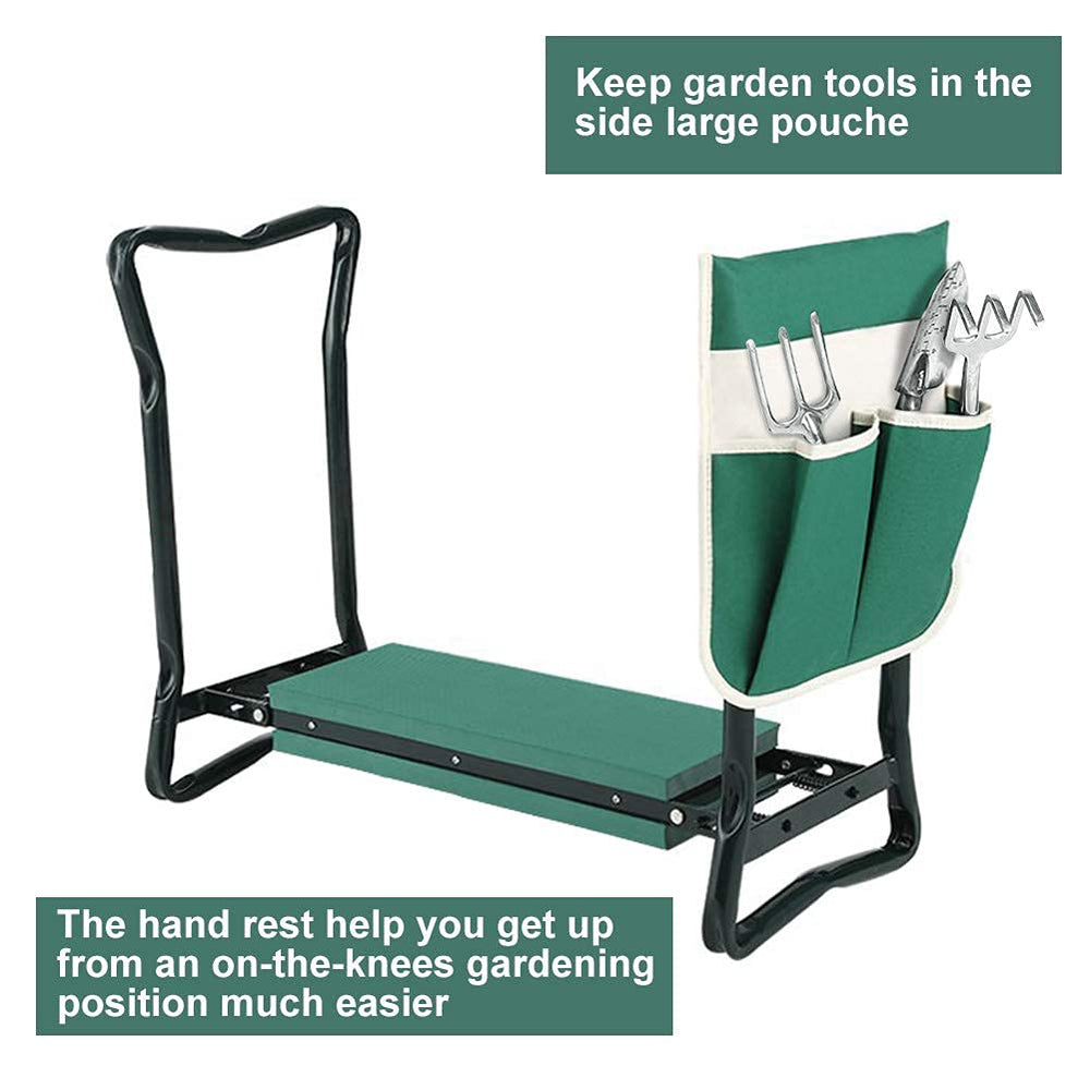 PLKO gardener kneeling on bench in vegetable bed reducing knee strain benefit