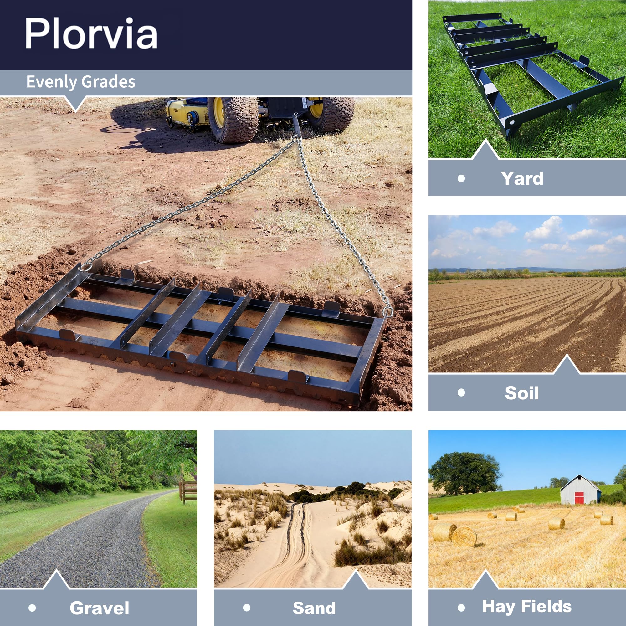 Plorvia in use pulled by ATV across gravel, fast and even leveling