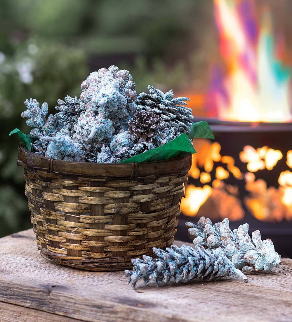 One-pound bag and decorative basket packaging of Plow & Hearth cones for presentable storage