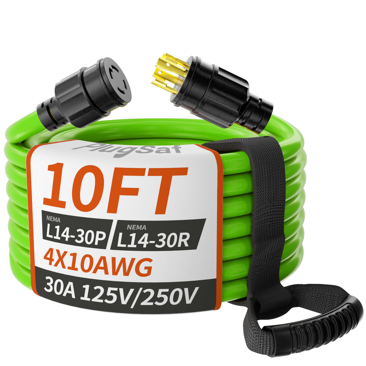 PlugSaf front view of 10ft L14-30 cord showing robust plug for secure connection
