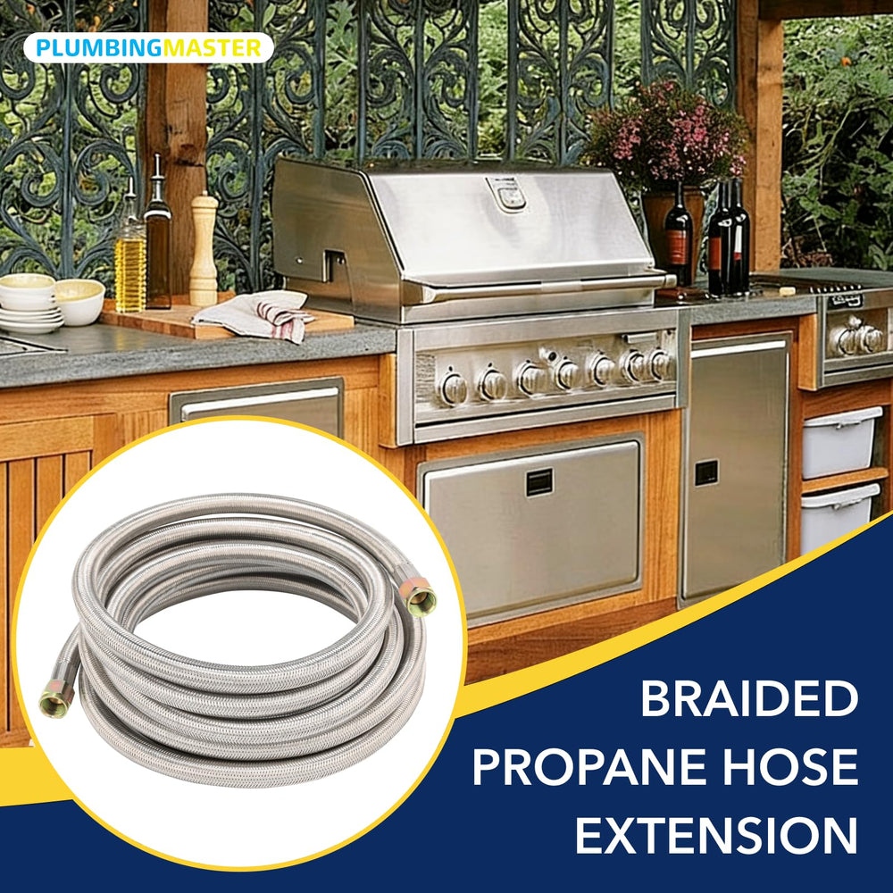 PLUMBINGMASTER hose installed in a backyard grill setup illustrating portability and tidy storage