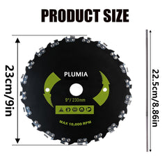 PLUMIA close-up of 20-tooth chainsaw-style blade teeth showing durable sharpness benefit