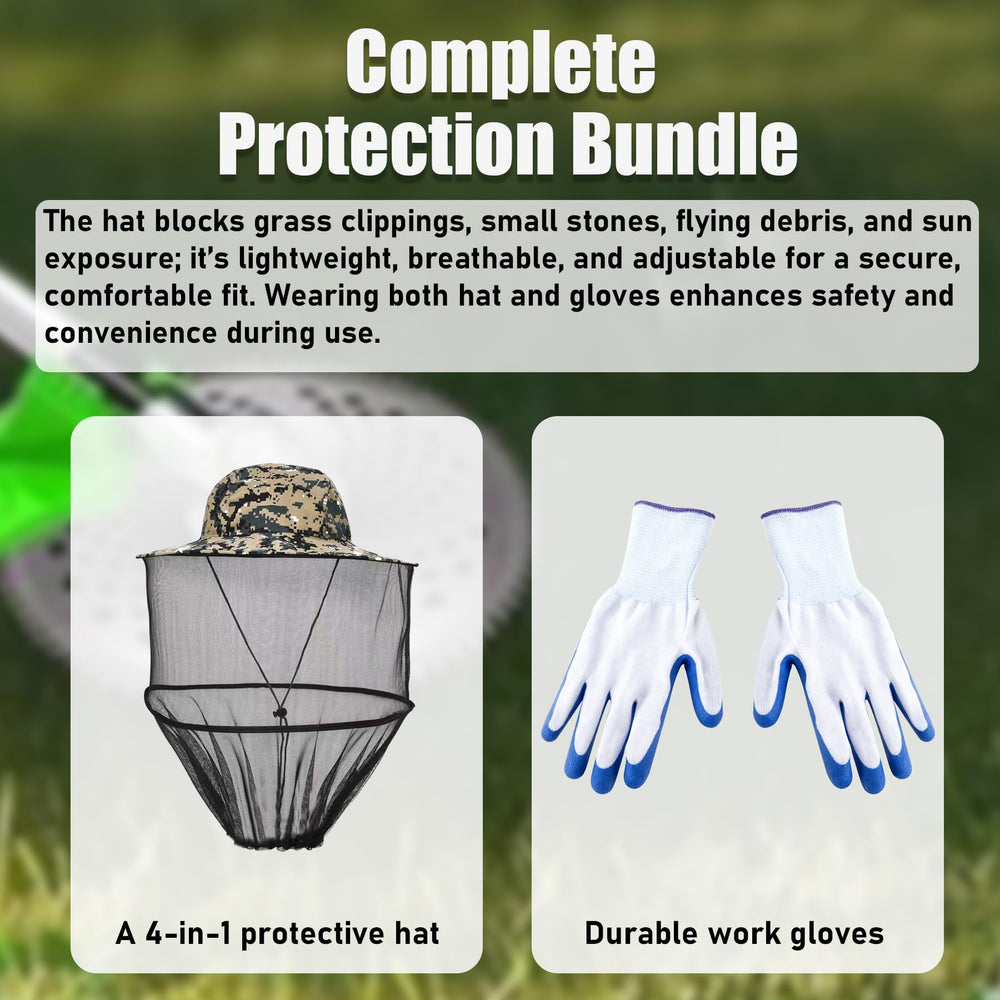 PLUMIA heavy-duty gloves and 4-in-1 protective hat providing debris protection and comfort