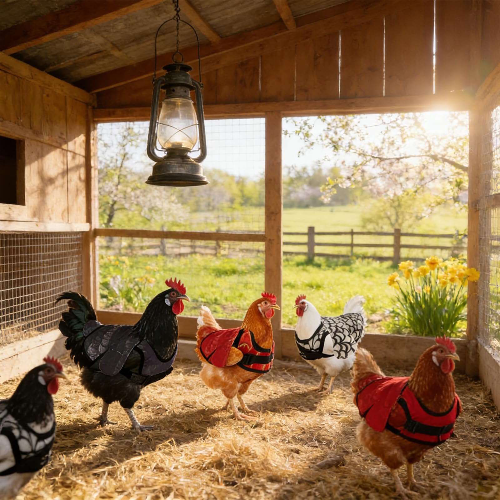 Plzglad saddle on hen in coop lifestyle scene illustrating natural movement benefit