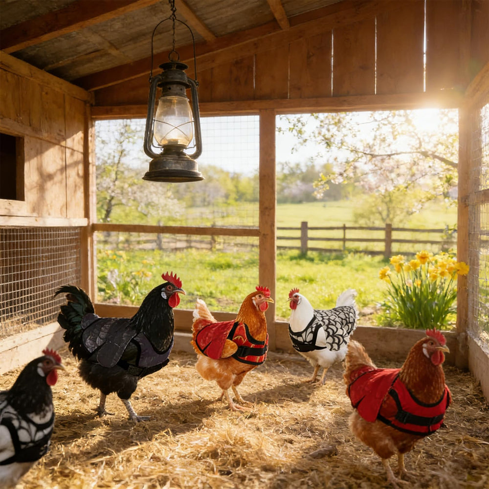 Plzglad saddle on hen in coop lifestyle scene illustrating natural movement benefit