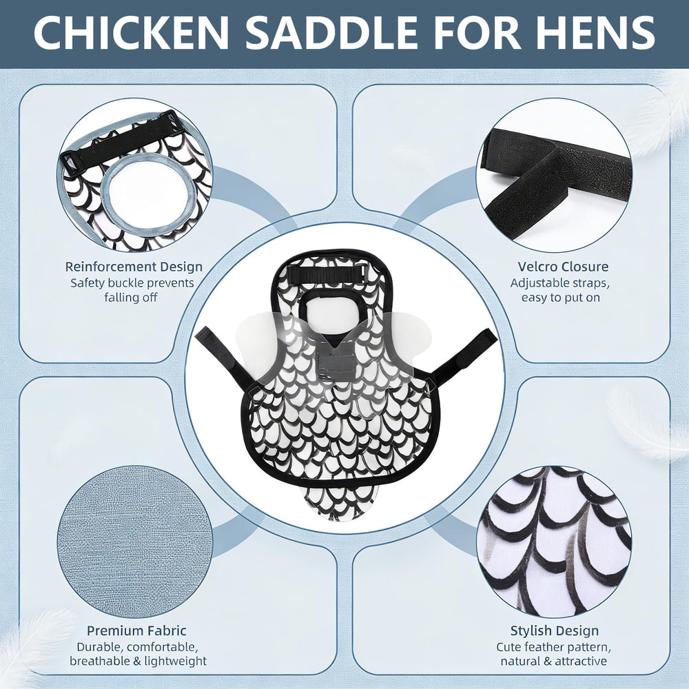Plzglad saddle fitted on hen side view demonstrating secure fit benefit