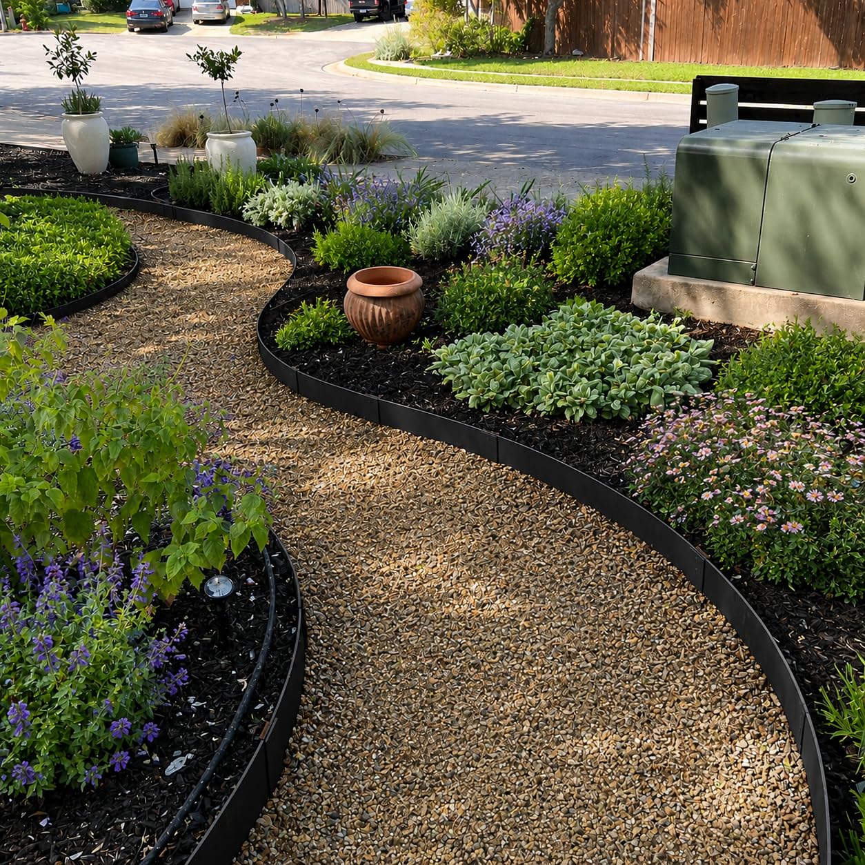 Pmango curved border around flower bed showing flexible steel shaping benefit