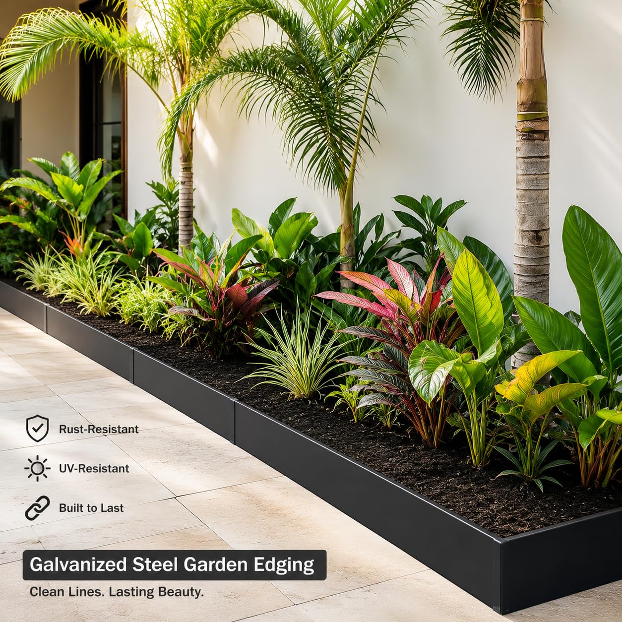Pmango edging beside a ruler showing 40-inch strip length and sizing clarity benefit
