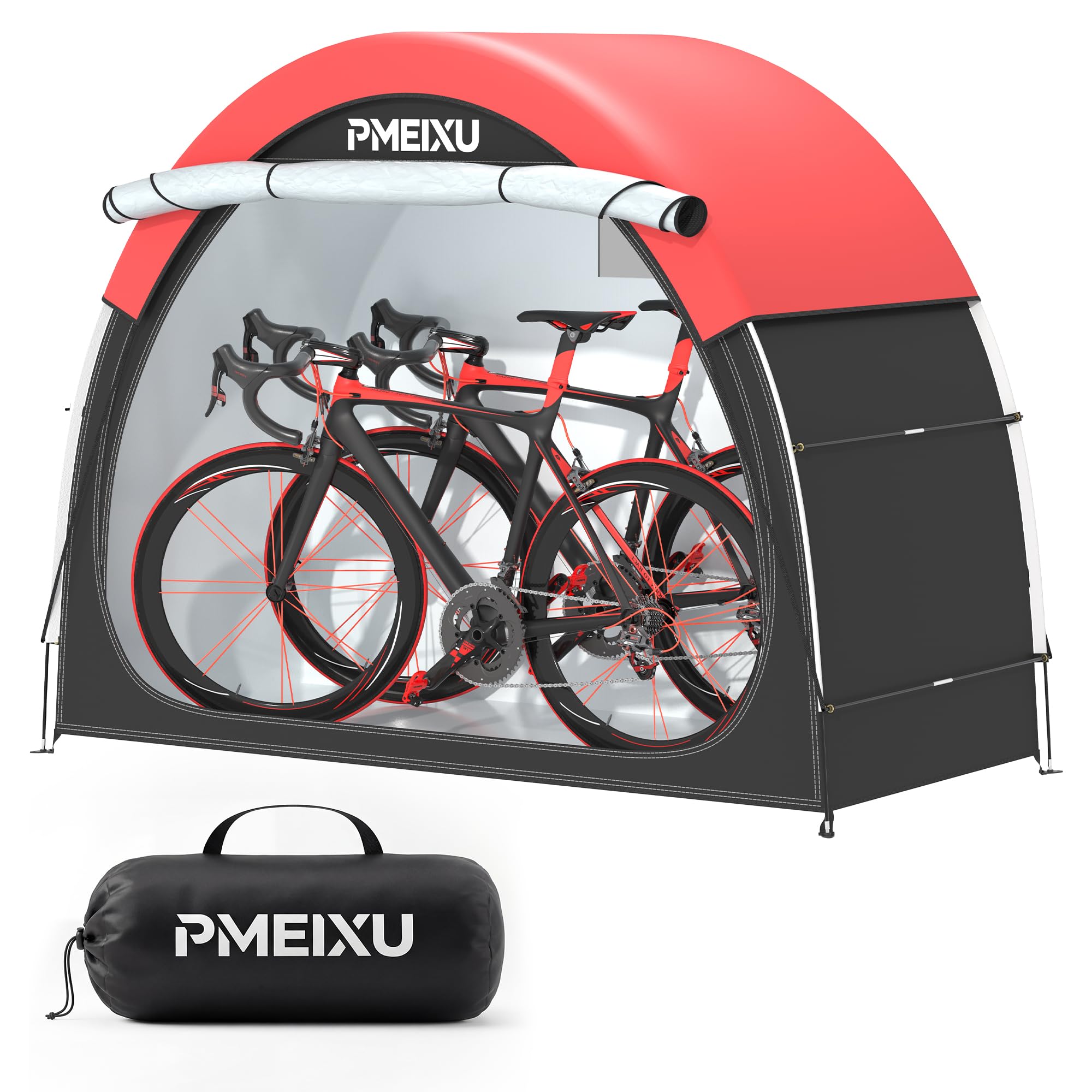 PMEIXU bike tent front view showing protected bikes and waterproof shelter