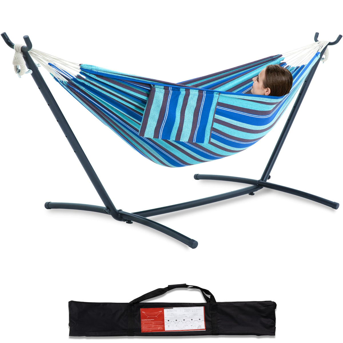 PNAEUT front view of Blue Lagoon hammock and stand showing colorful pattern and comfort