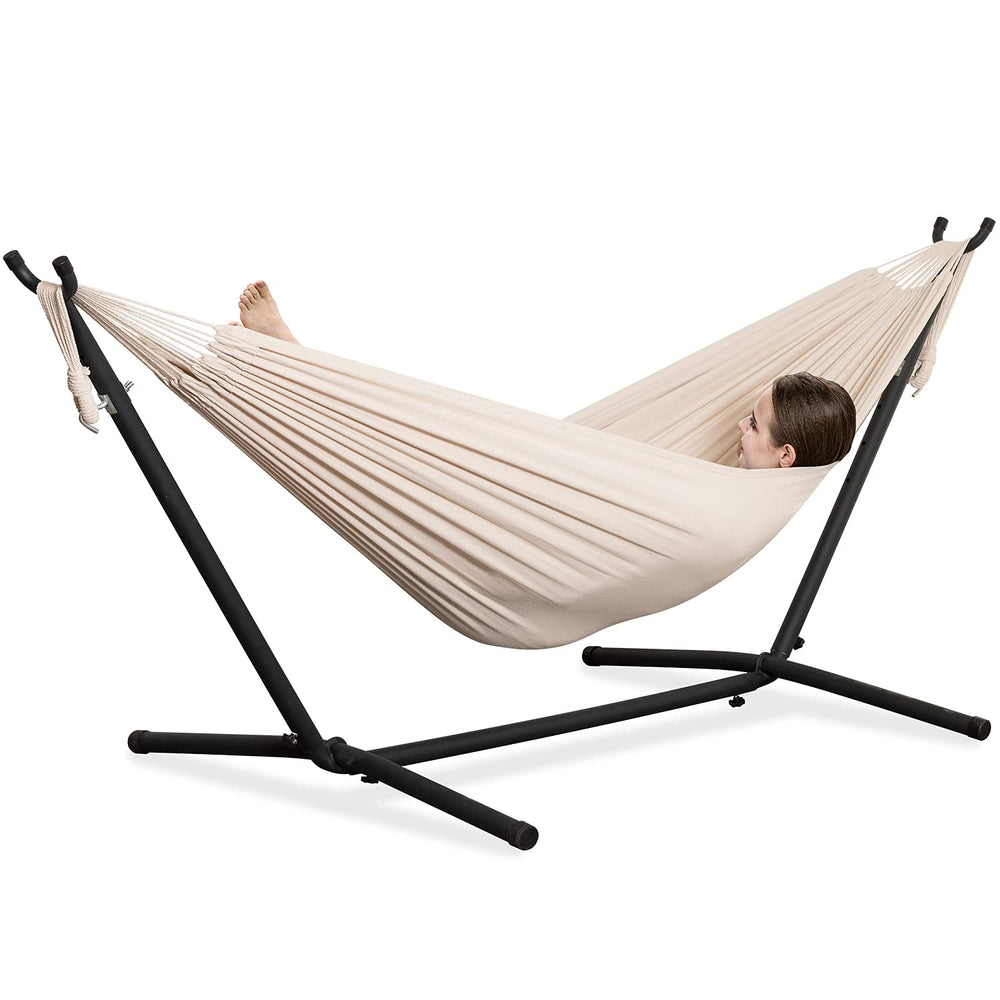 PNAEUT front view of beige hammock and steel stand showing inviting setup