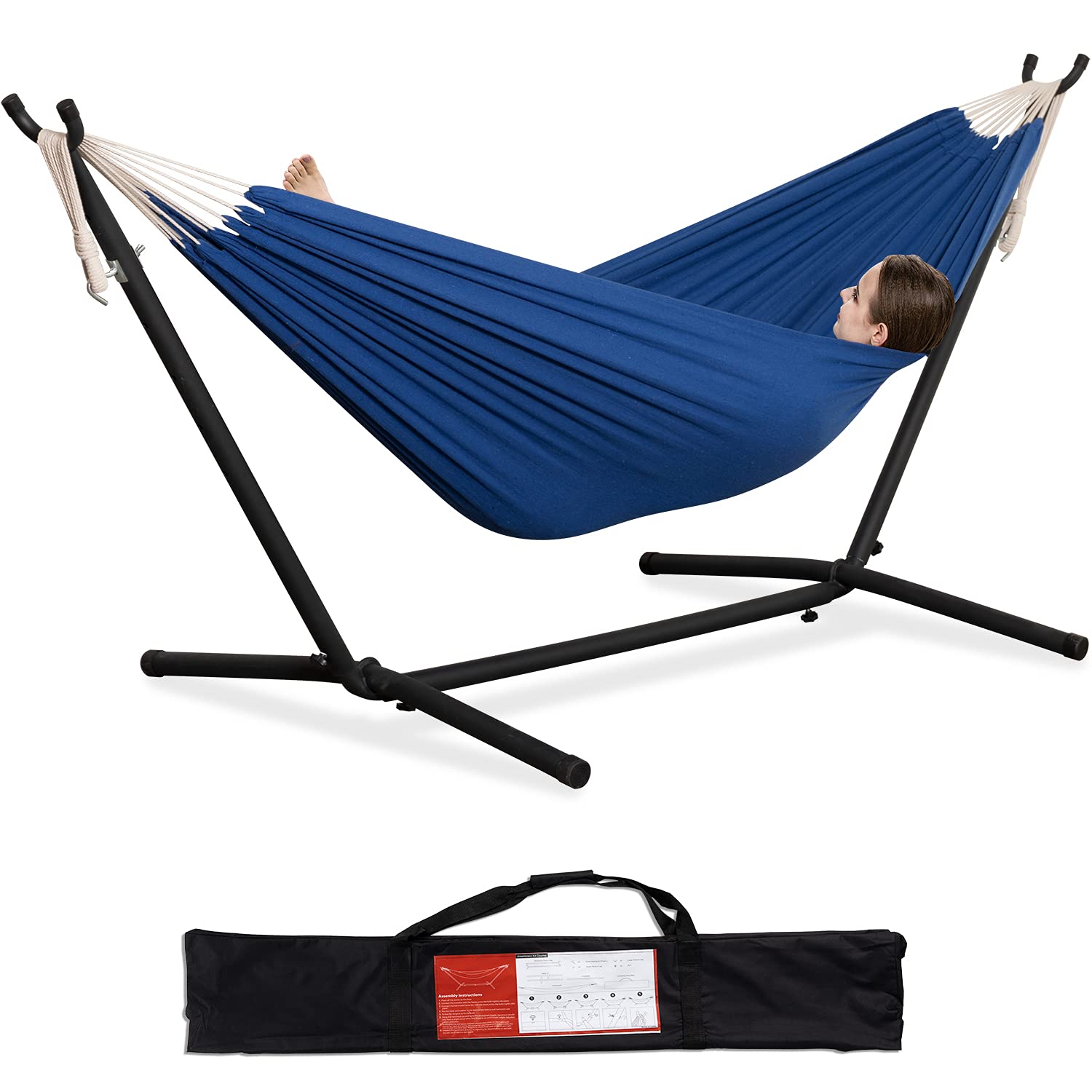 PNAEUT front view navy double hammock and black steel stand showing full setup comfort