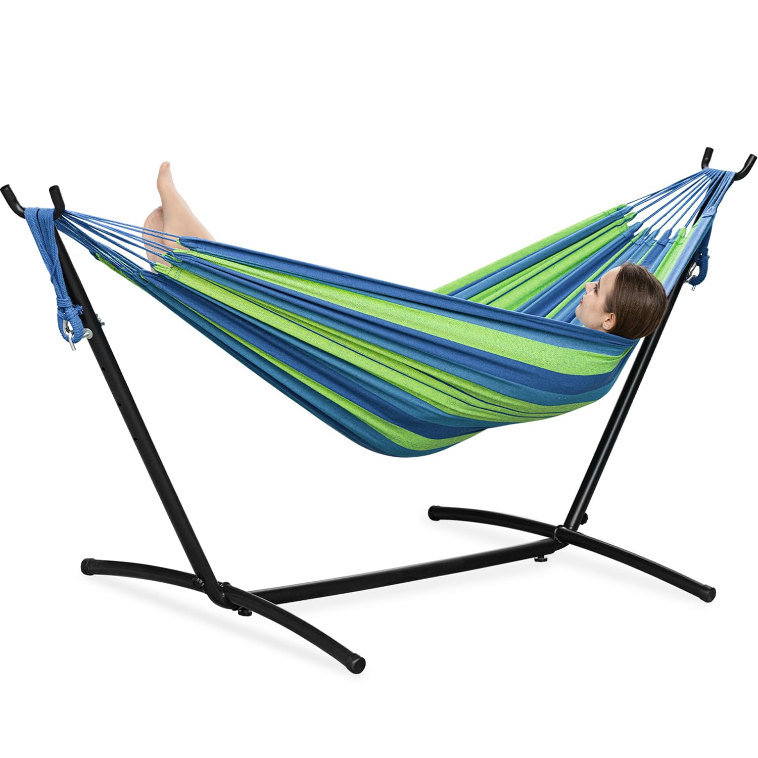 PNAEUT front view showing hammock with steel stand and vibrant stripes for stylish comfort