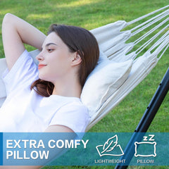 PNAEUT hammock in use on patio with two people demonstrating roomy comfort
