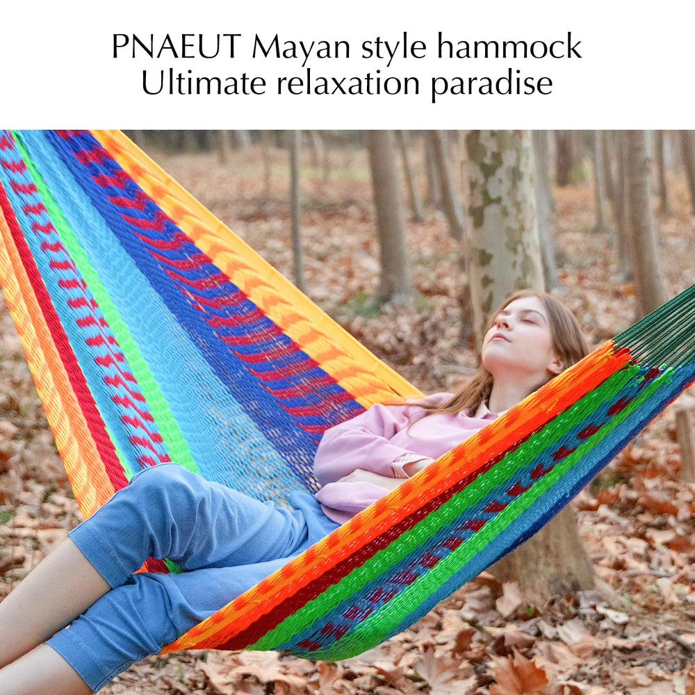PNAEUT hammock hung on patio with two people relaxing, showing comfort and outdoor use