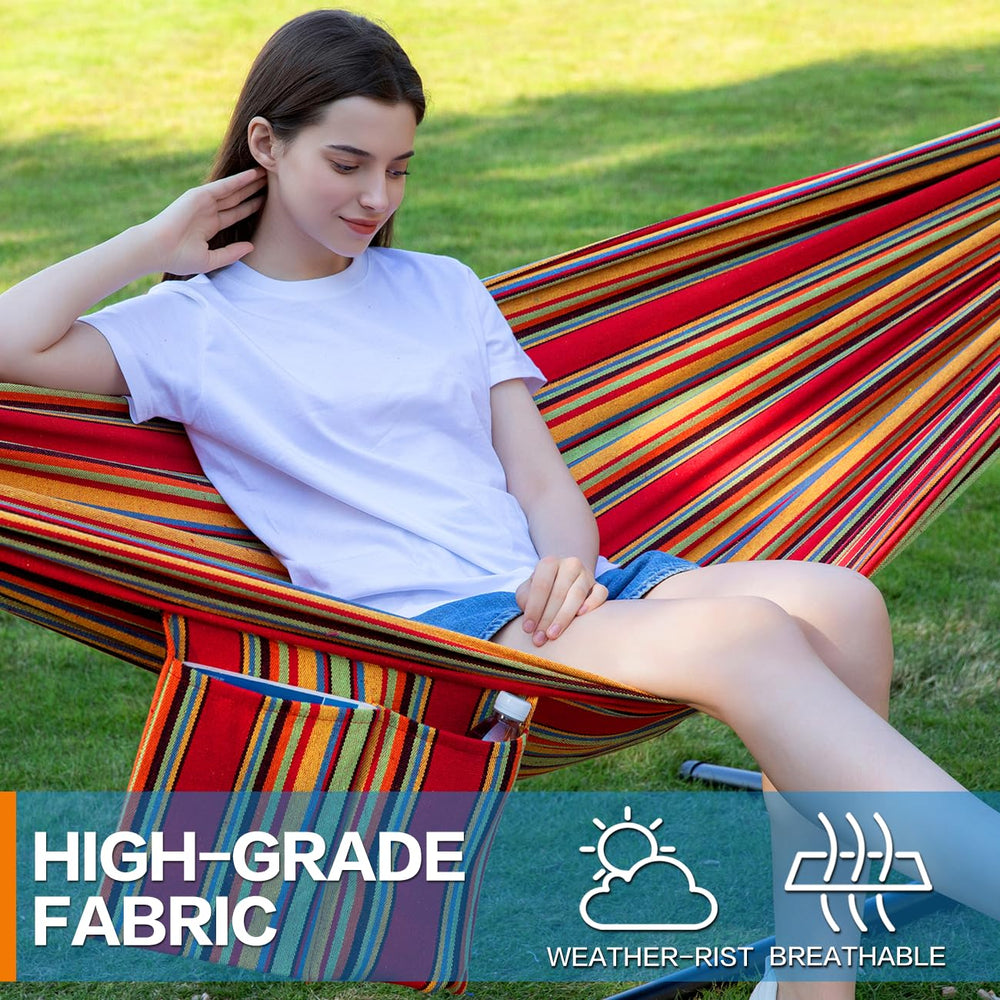 PNAEUT folded hammock and stand inside a nylon travel bag for convenient portability