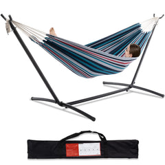 PNAEUT hammock and steel stand front view showing sturdy setup and stylish denim look