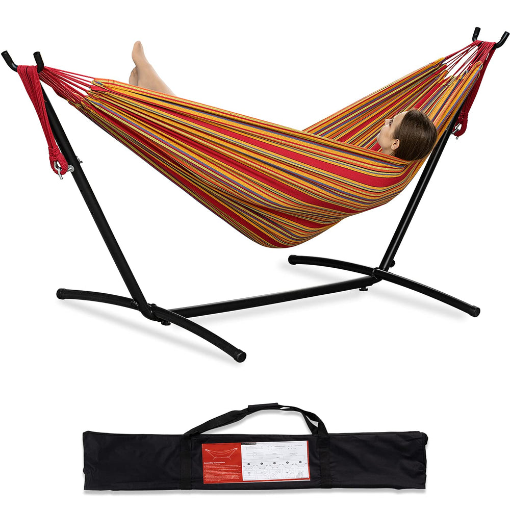 PNAEUT front view of hammock and steel stand showing bold red stripes and sturdy support