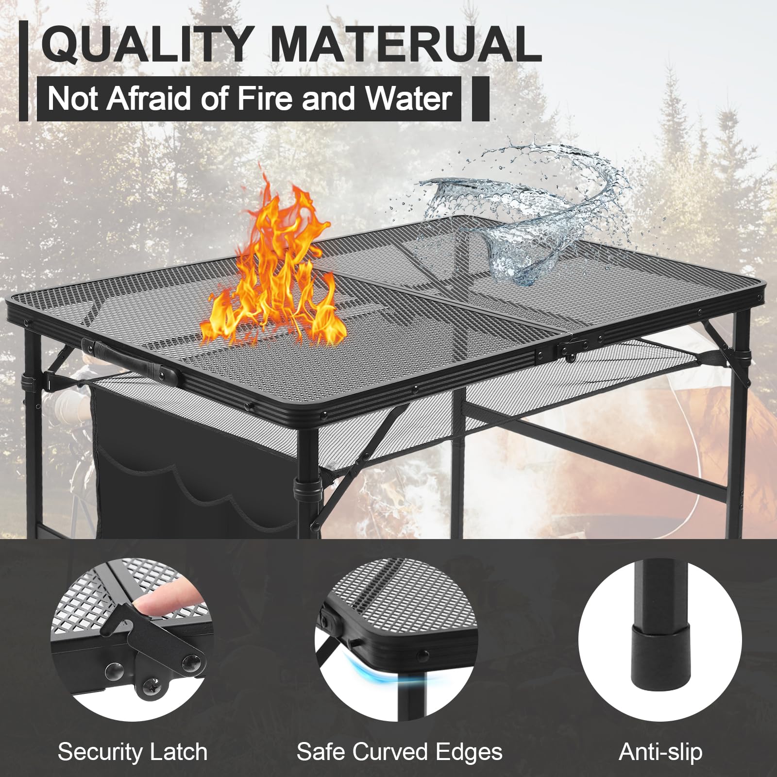 Pnbfhn table in use with portable grill showing safe outdoor cooking surface