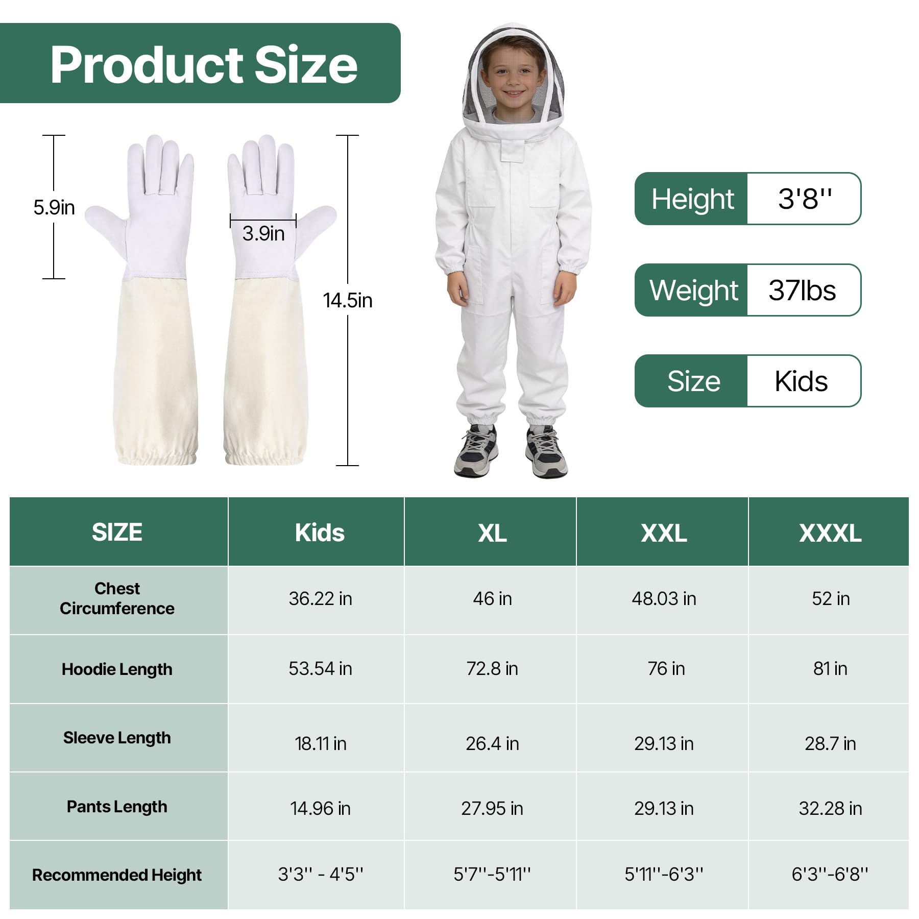 PNKKODW suit next to measuring tape illustrating 3'3"–4'5" size fit