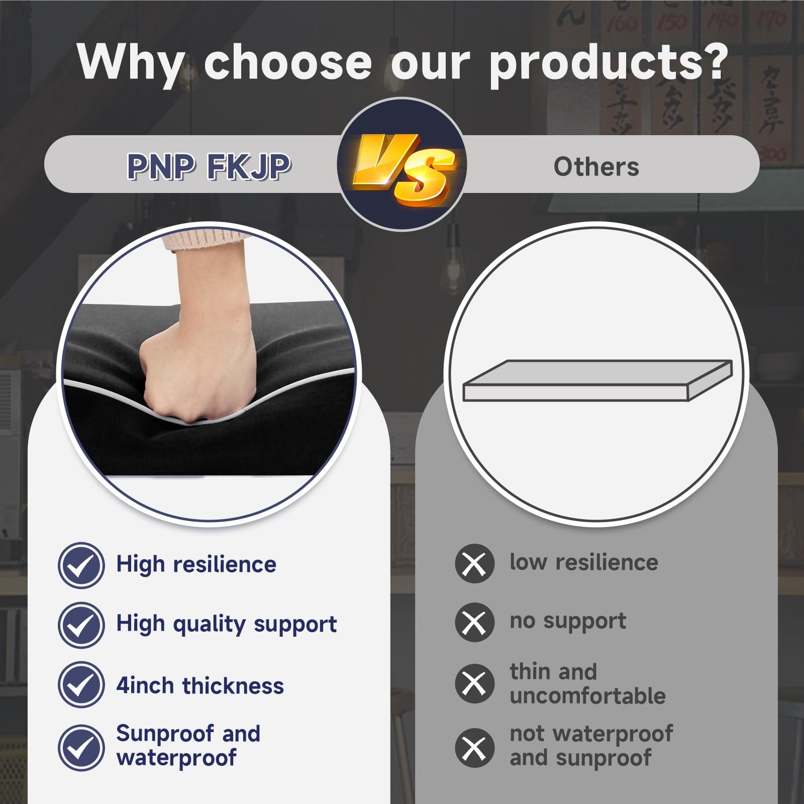 PNP FKJP cushion next to chair showing accurate 20x20x4 inch scale