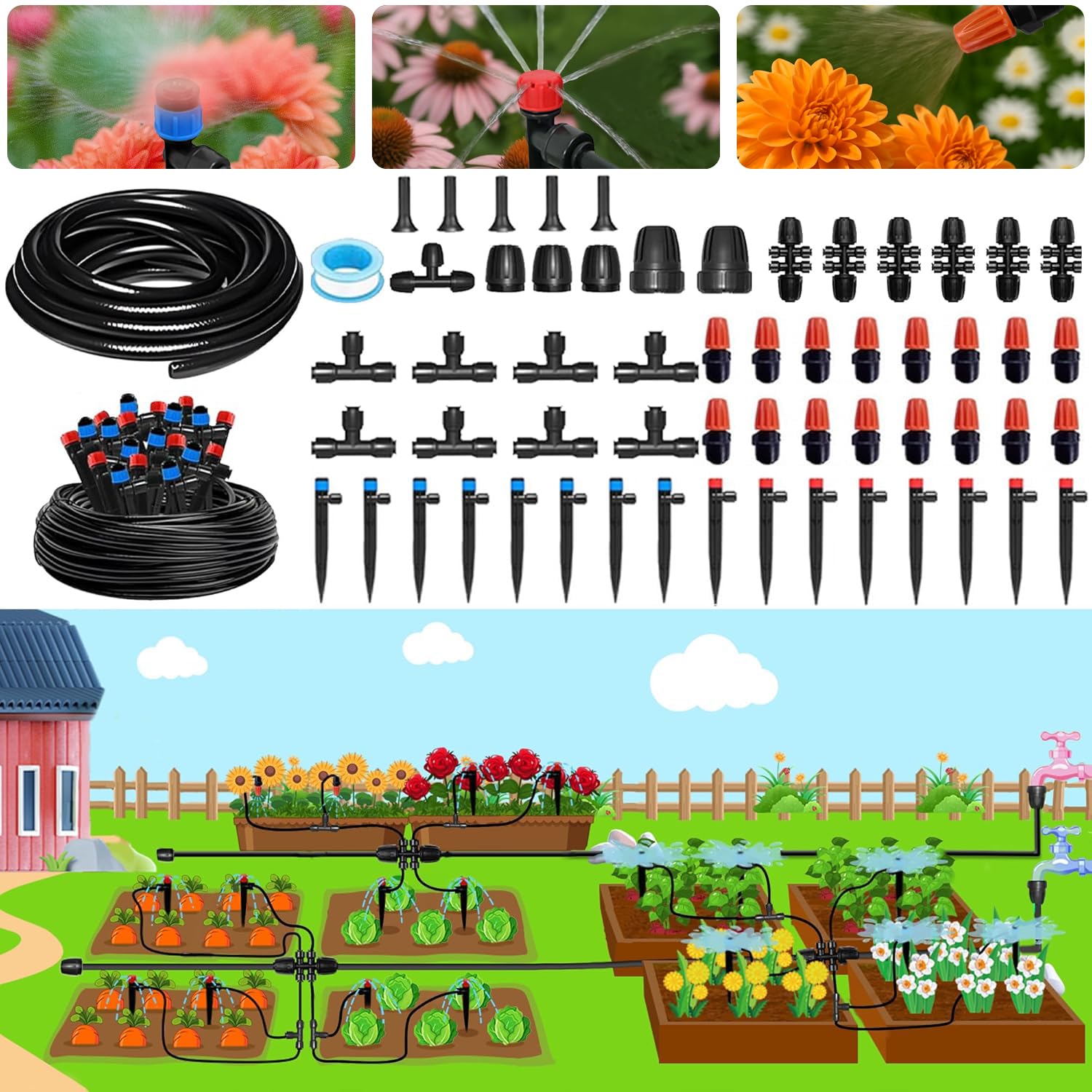 POCKET PANDA front packaging of 230FT drip irrigation kit showing components and branding for quick setup
