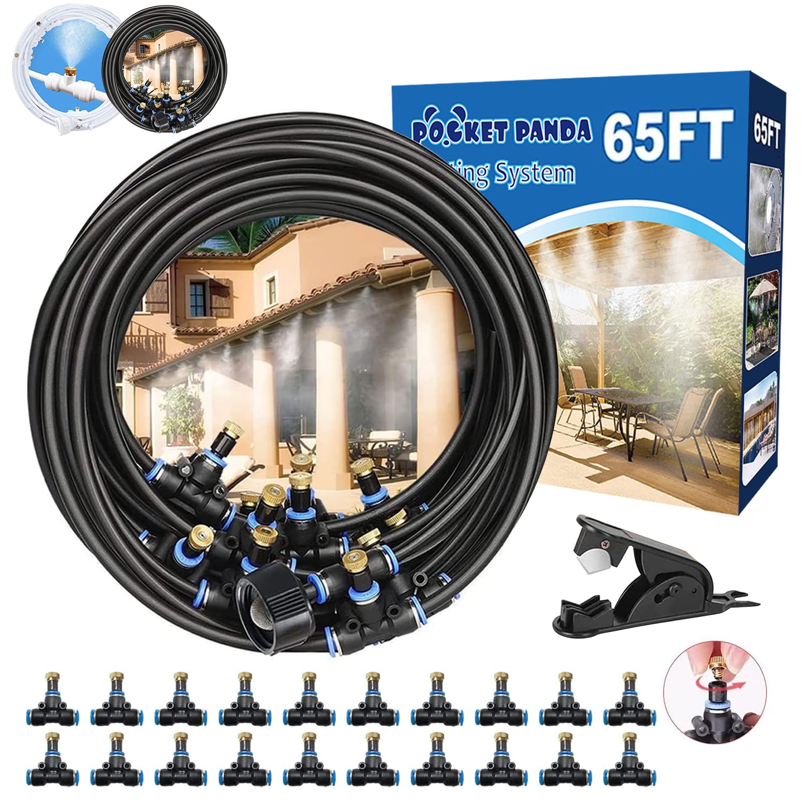 POCKET PANDA front packaging showing complete 65FT misting kit benefit of easy setup