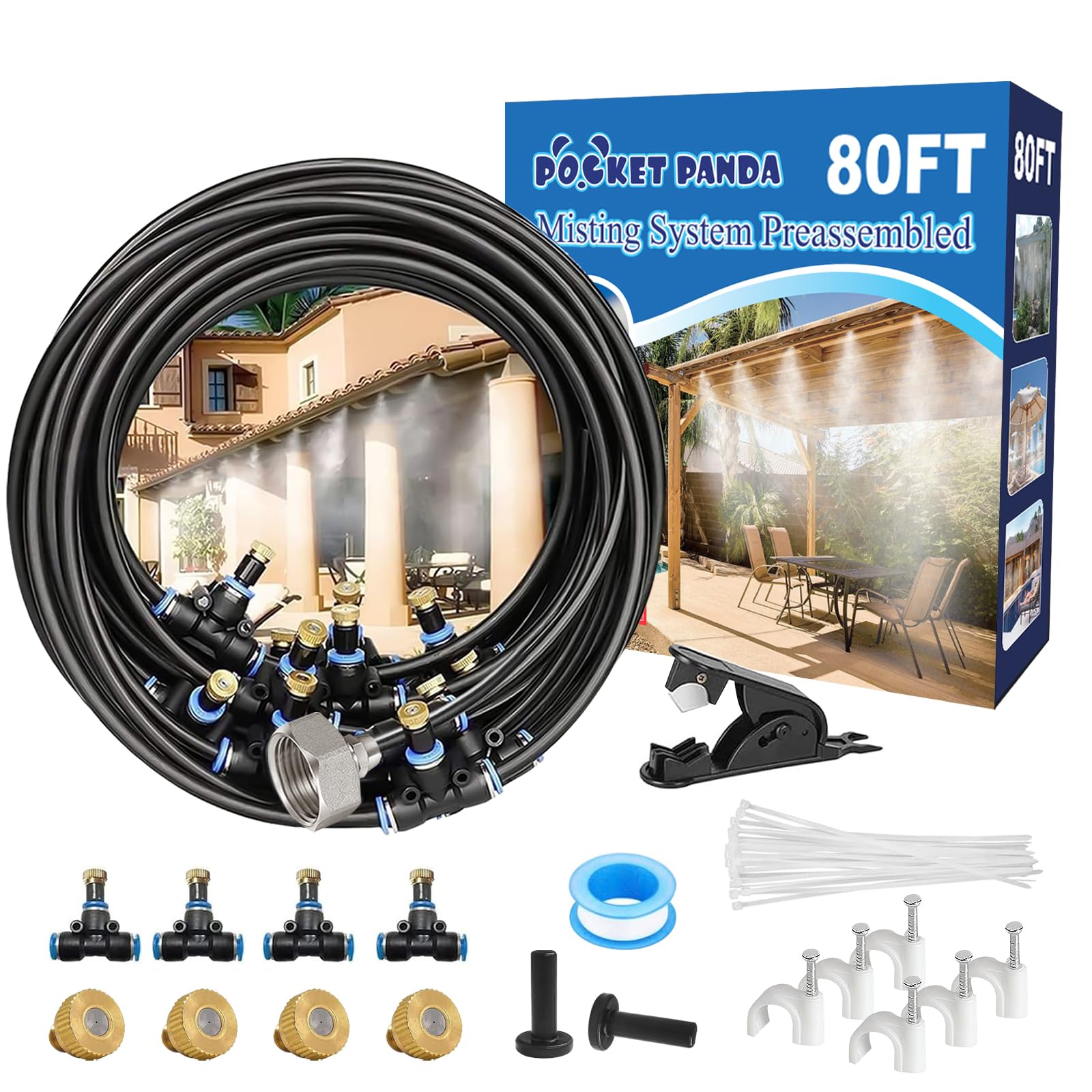 POCKET PANDA front packaging showing full 80ft misting kit and quick setup benefit