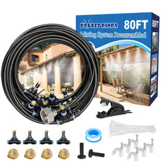 POCKET PANDA front packaging showing full 80ft misting kit and quick setup benefit