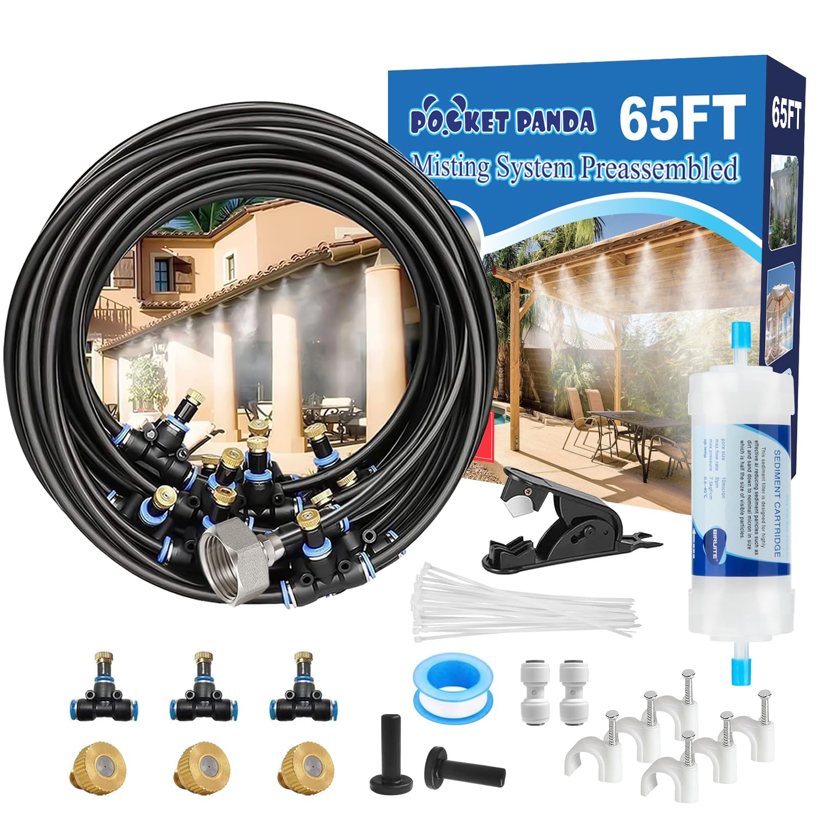 POCKET PANDA front packaging showing full 65ft patio misting kit benefits