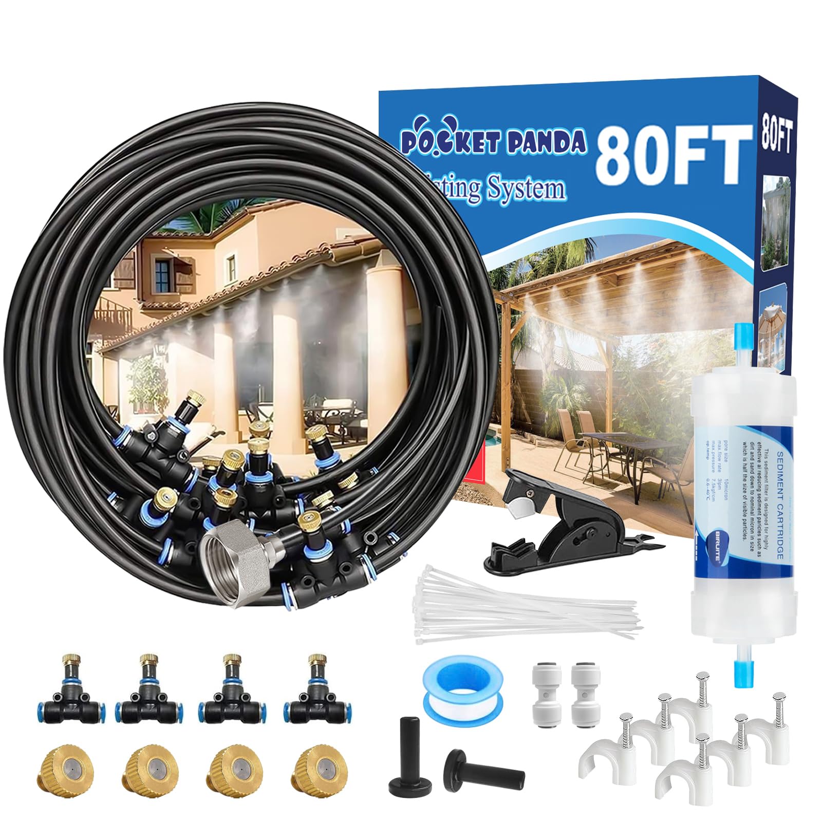 POCKET PANDA front packaging showing complete 80ft misting kit and quick setup benefit