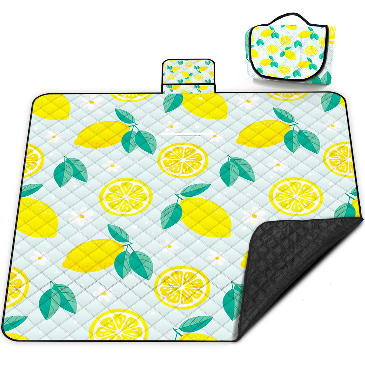 Poedist front view with lemon print showing bright picnic surface and easy access pocket