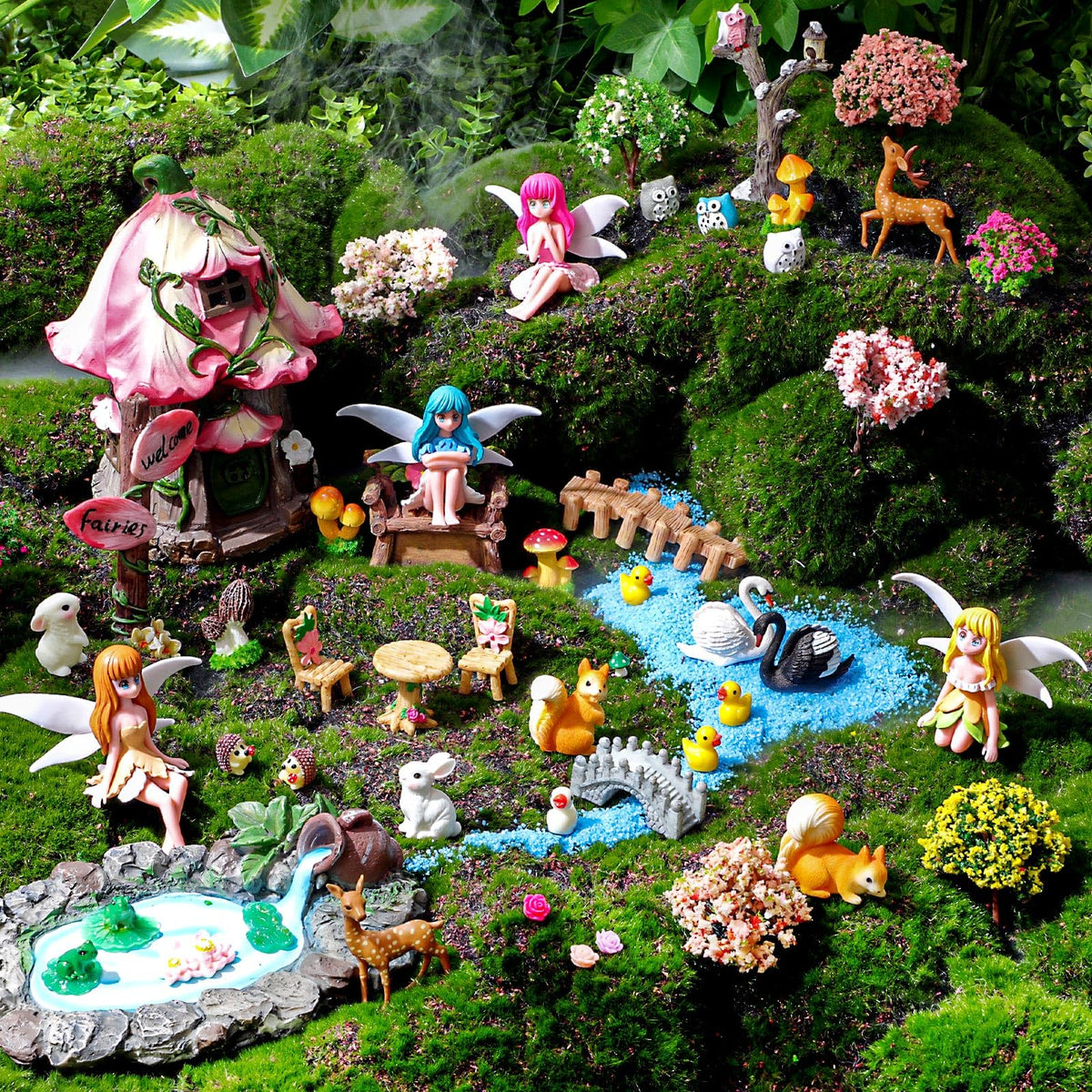 Poen front view of large flower house miniature showing focal centerpiece and charm