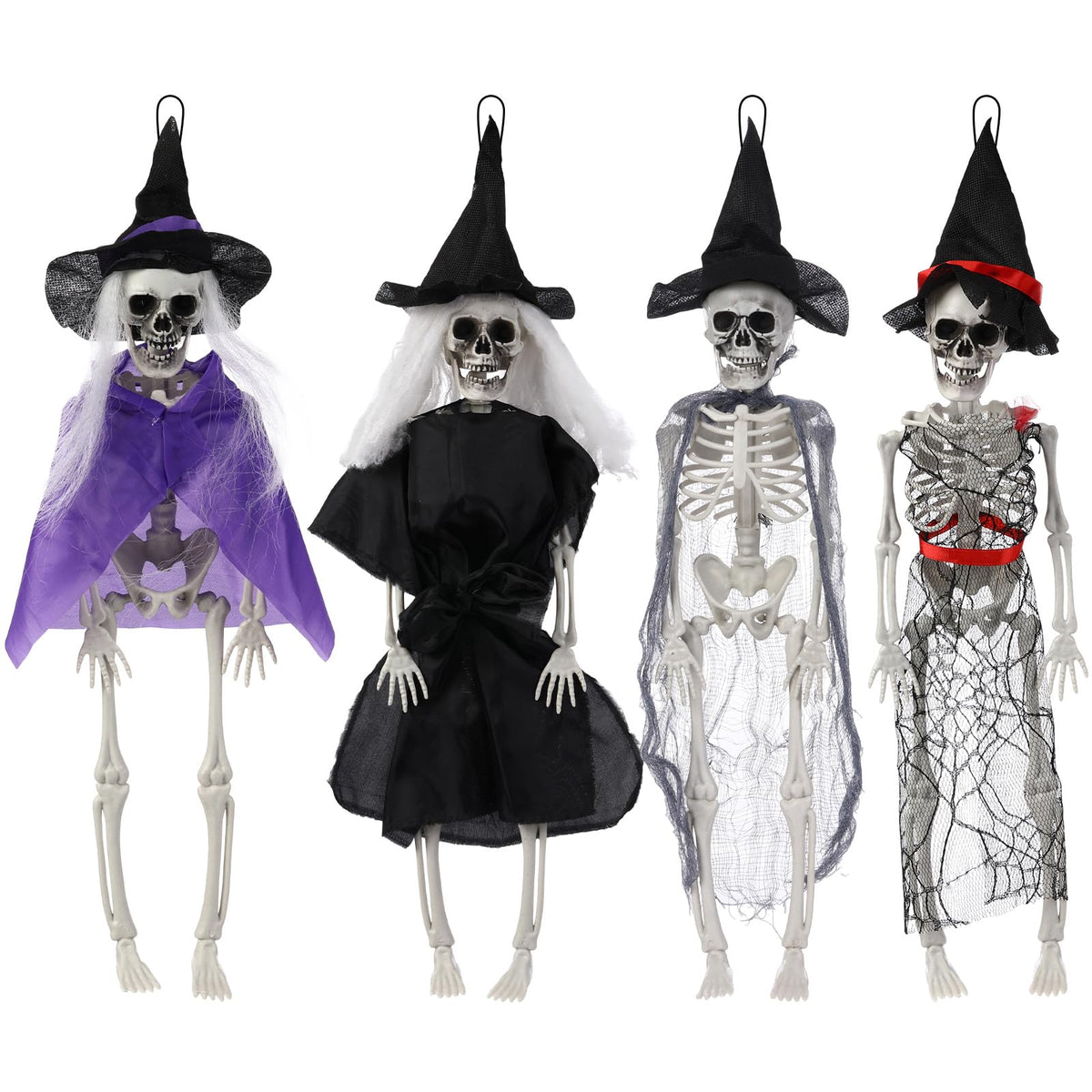 Poen front view of four witch skeletons showing ready-to-hang set and spooky look