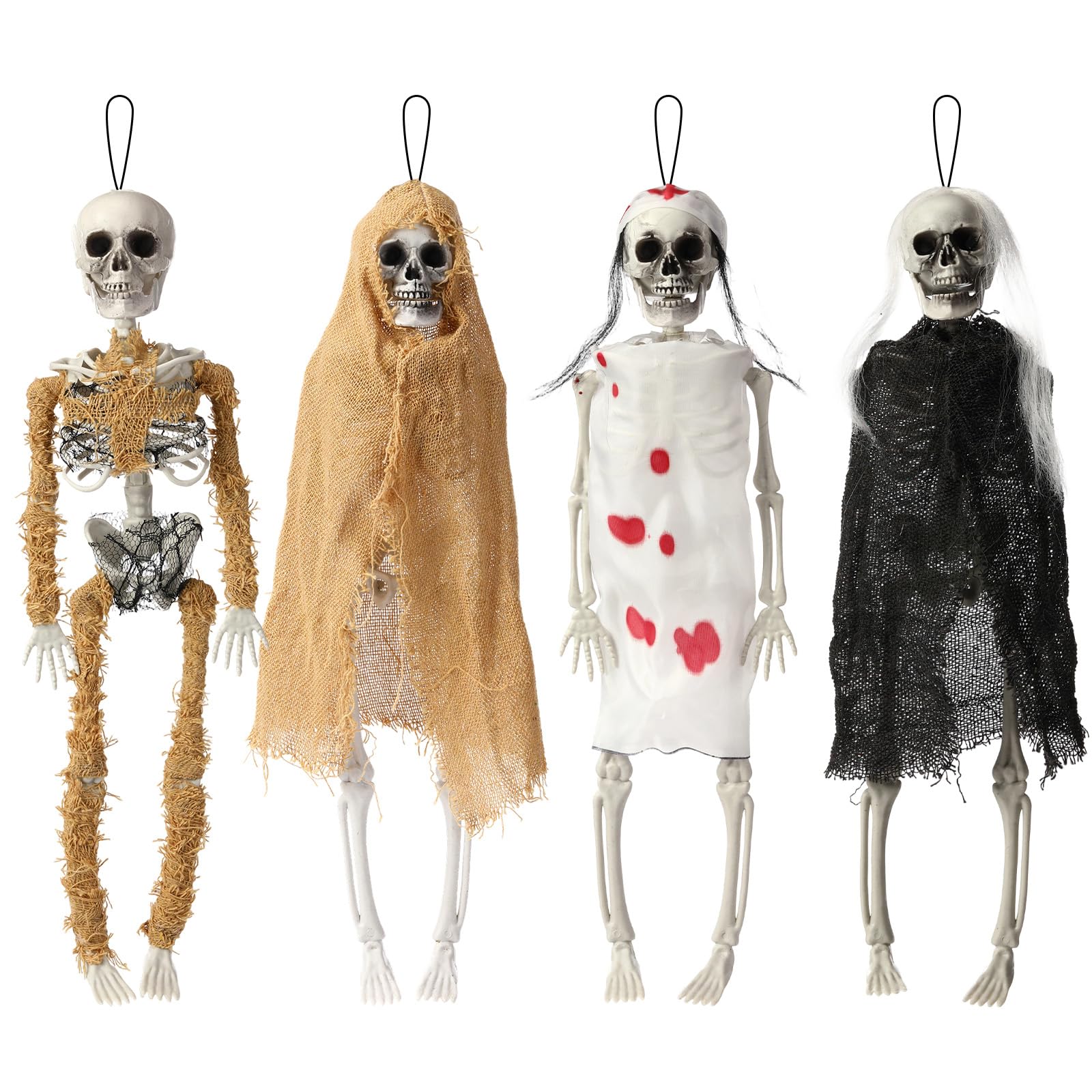 Poen front view of four hanging skeletons creating spooky curb appeal