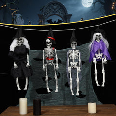 Poen skeleton hung from porch eave demonstrating easy outdoor display