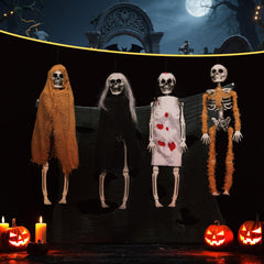 Poen skeletons hung on porch adding instant haunted-house atmosphere