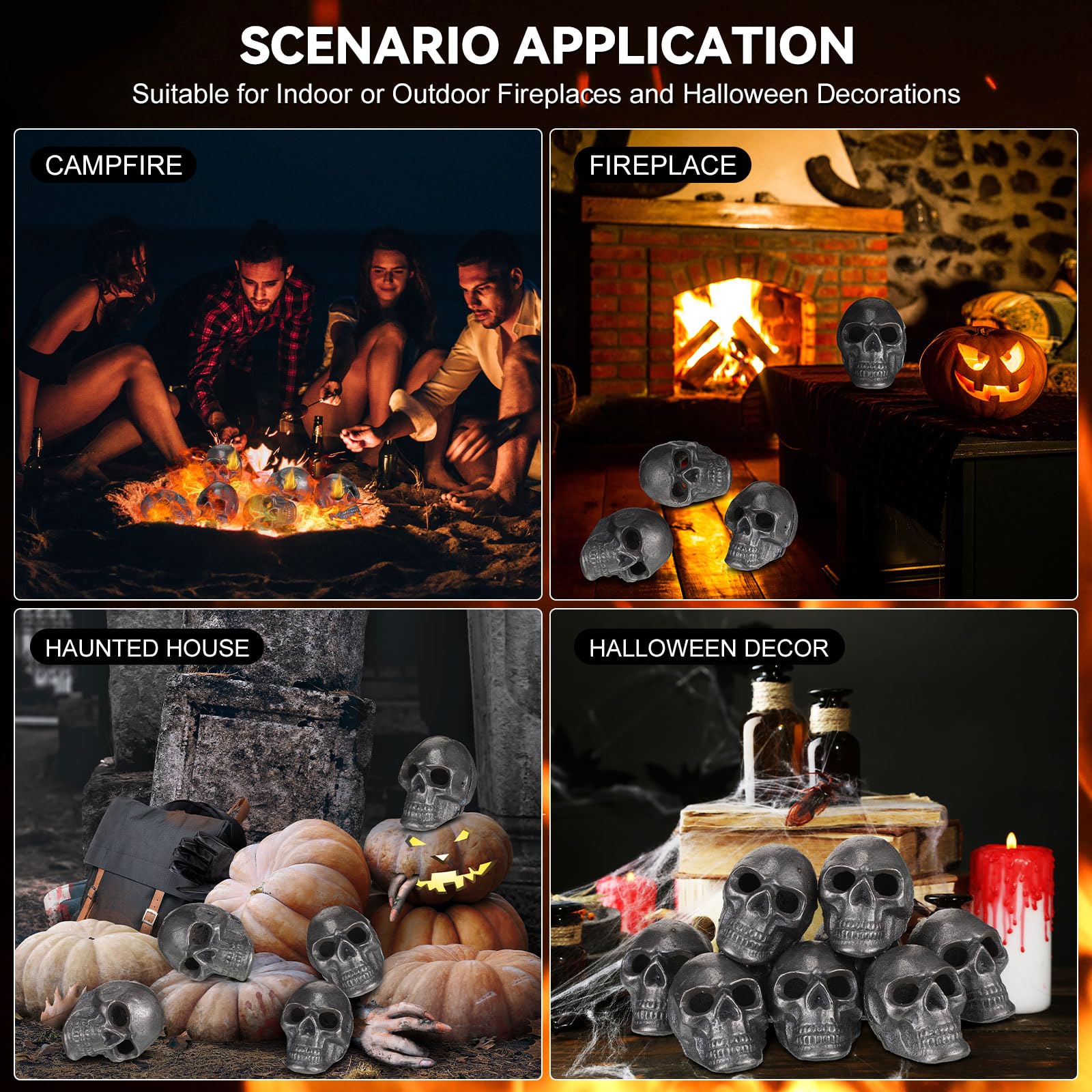 Poen skulls glowing in backyard gathering adding theatrical Halloween ambiance