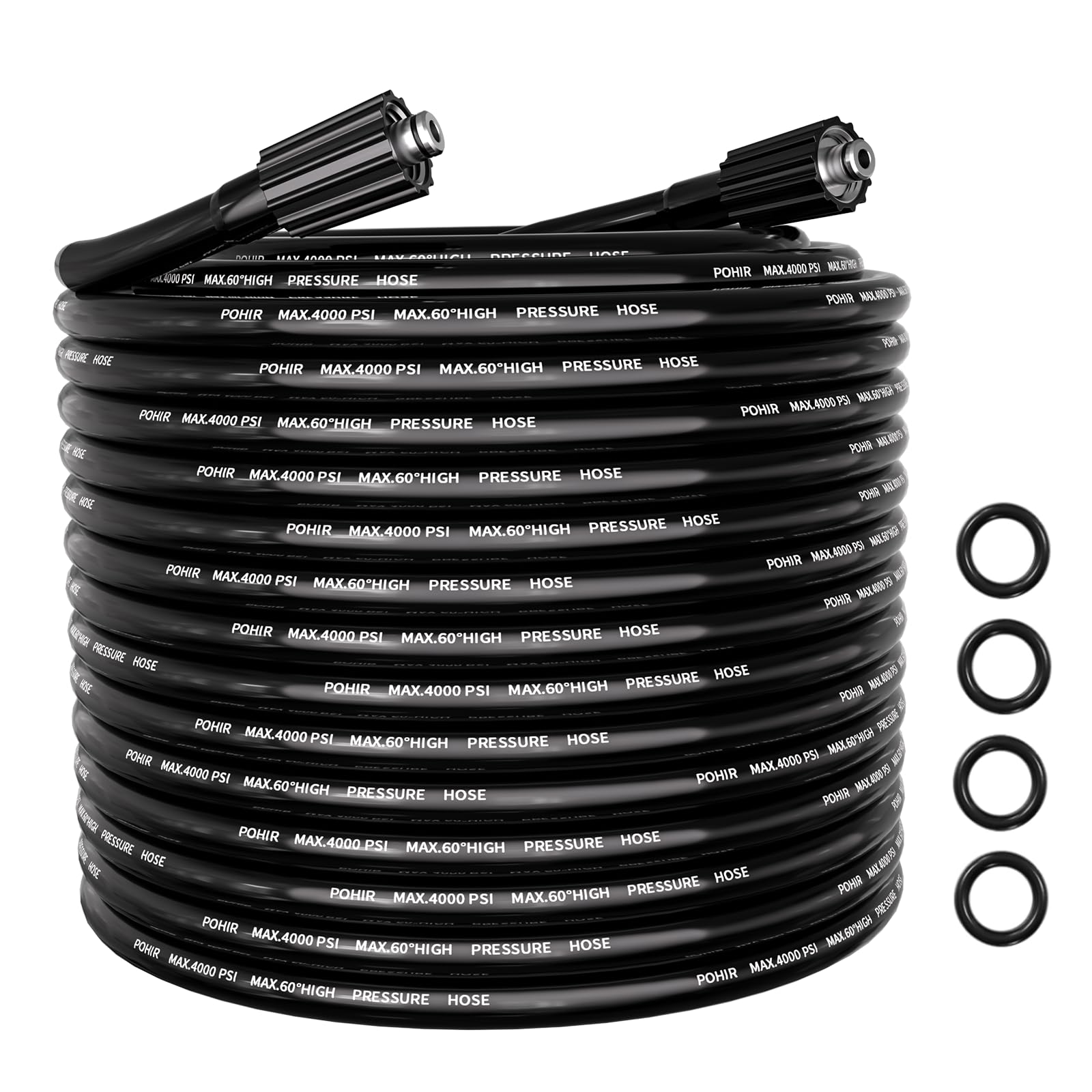 POHIR 50ft hose front view showing full length and connectors for easy replacement
