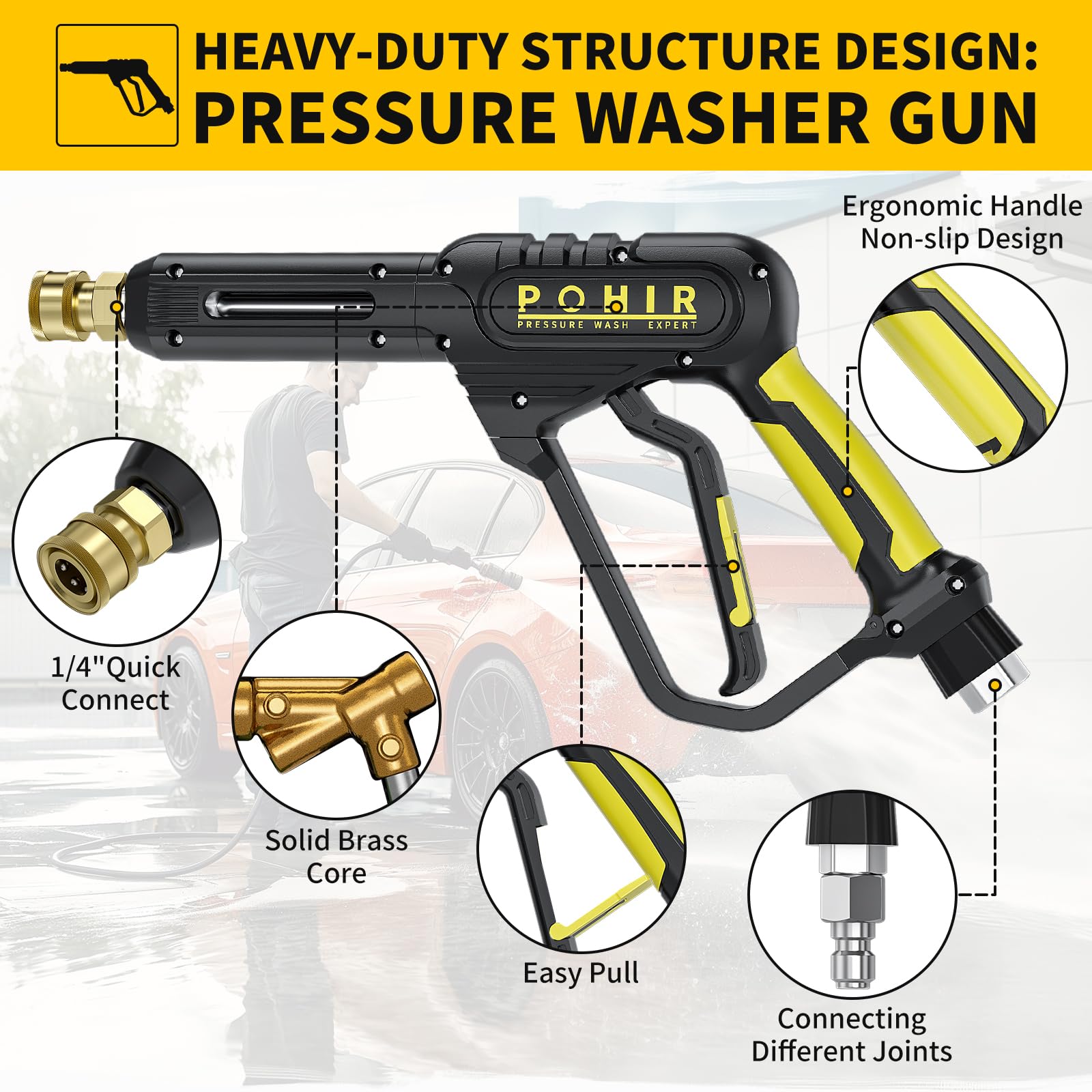 POHIR extension wand attached to gun reaching high gutters for safer overhead cleaning