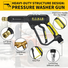POHIR extension wand attached to gun reaching high gutters for safer overhead cleaning