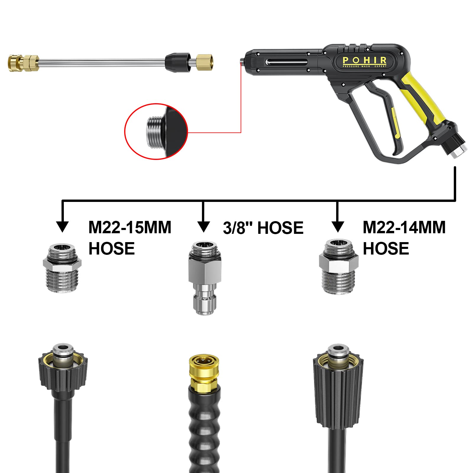 POHIR extension wand detail close-up highlighting 16-inch reach and secure connection